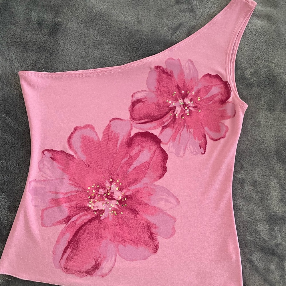 One Shoulder Pink Hibiscus Top
